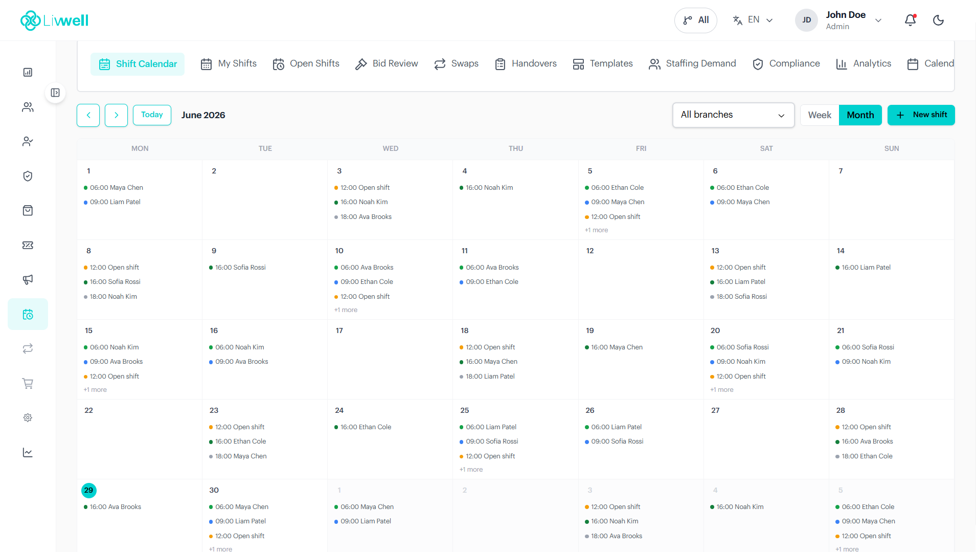 Livwell shift calendar — month view